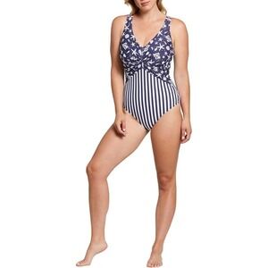 Tribal Sport XL Navy UPF 50 V neck One Piece Swimsuit Stretch Tummy Control